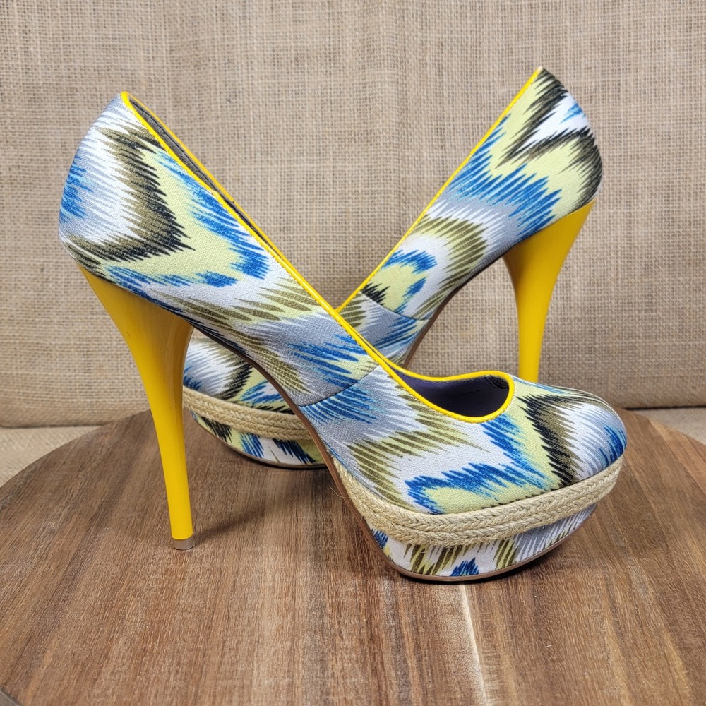 Qupid Platform Heels Blue Yellow White Print Espadrille Pumps Women's‎ Size 9 - Picture 9 of 12